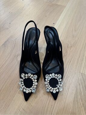 Zara Black Pointed Slingback Heels with Crystal Circle Buckle